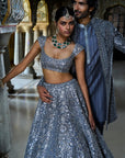 Steel Grey Mirror Work Lehenga Set