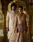 Cream Multi-Coloured Three- Dimensional Sherwani Set