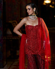 Off-Shoulder Red Sharara Set Full 2