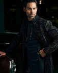 Black Abstract Open Sherwani Set