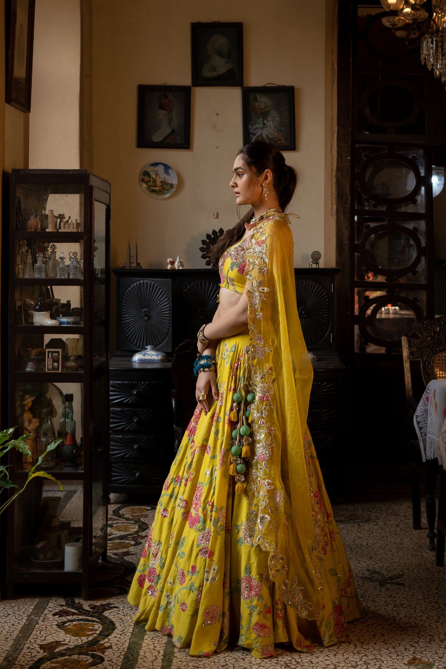 Yellow Heavy Work Lehenga in Viscose with Peacock and Floral Motifs...