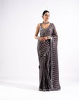 Charcoal Grey Heavy Mirror Work Saree With Metallic Blouse