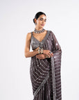 Charcoal Grey Heavy Mirror Work Saree With Metallic Blouse