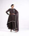 Charcoal Grey Asymmetrical Kurta Set With Dupatta