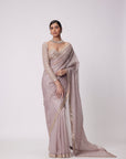 Ash Pink Hand Embroidered Organza Saree Set