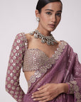 Mud Mauve Hand Embroidered Organza Saree Set