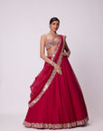 Crimson Red Organza Hand Embroidered Lehenga Set