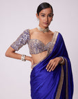 Persian Blue Hand Embroidered Satin Saree Set