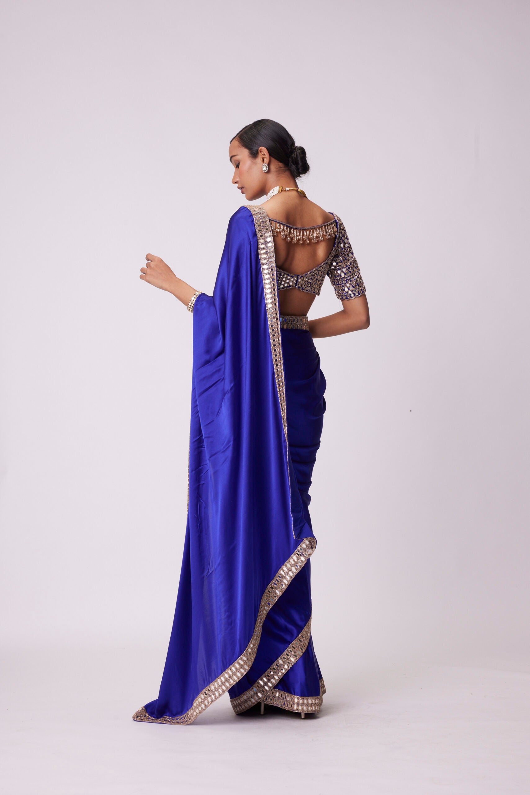 Persian Blue Hand Embroidered Satin Saree Set