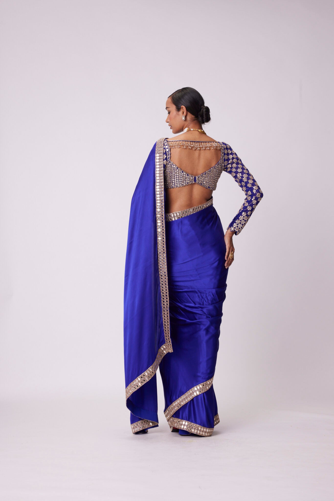 Persian Blue Hand Embroidered Satin Saree Set