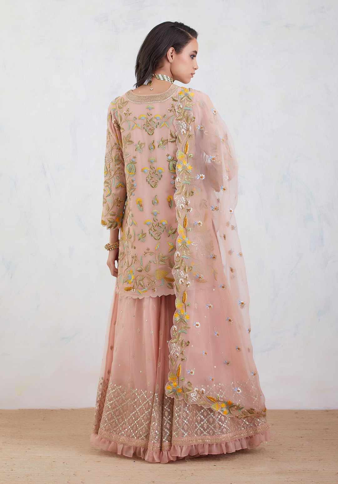 Dusty Pink Kurta And Sharara Set With An Organza Dupatta