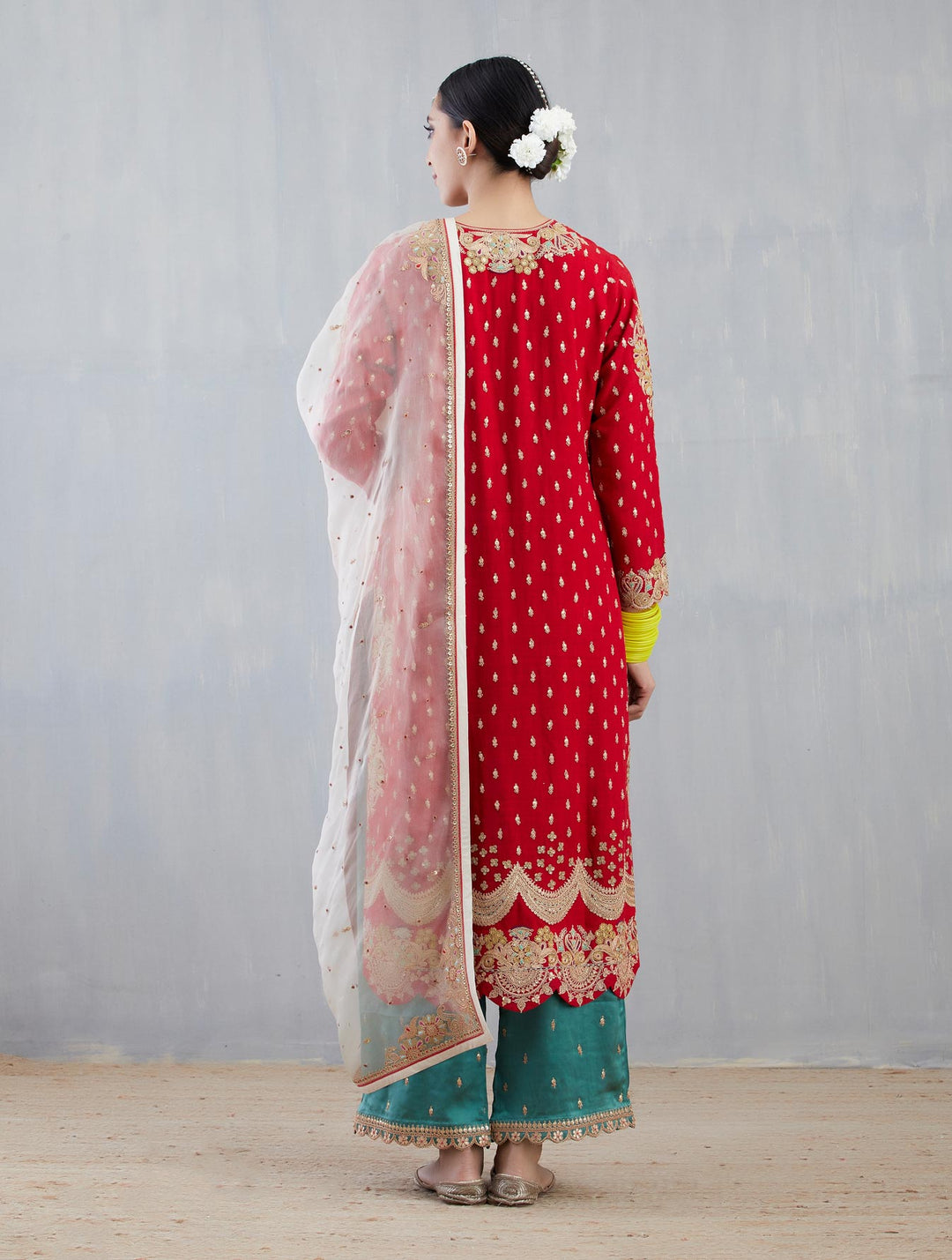 Red Kurta With Teal Pants Set