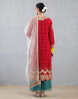 Red Kurta With Teal Pants Set