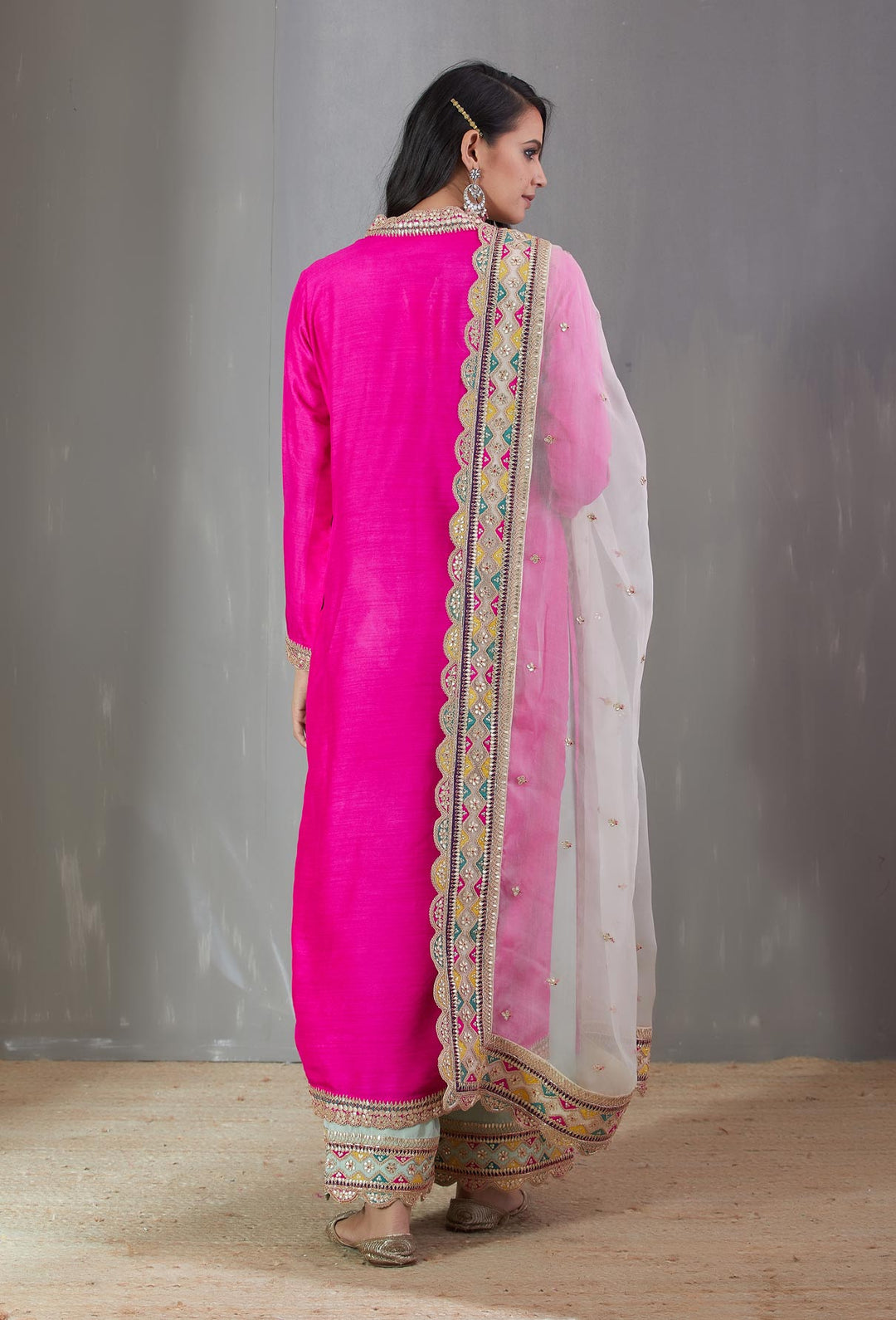 Pink Kurta Set With A Ecru Organza Dupatta