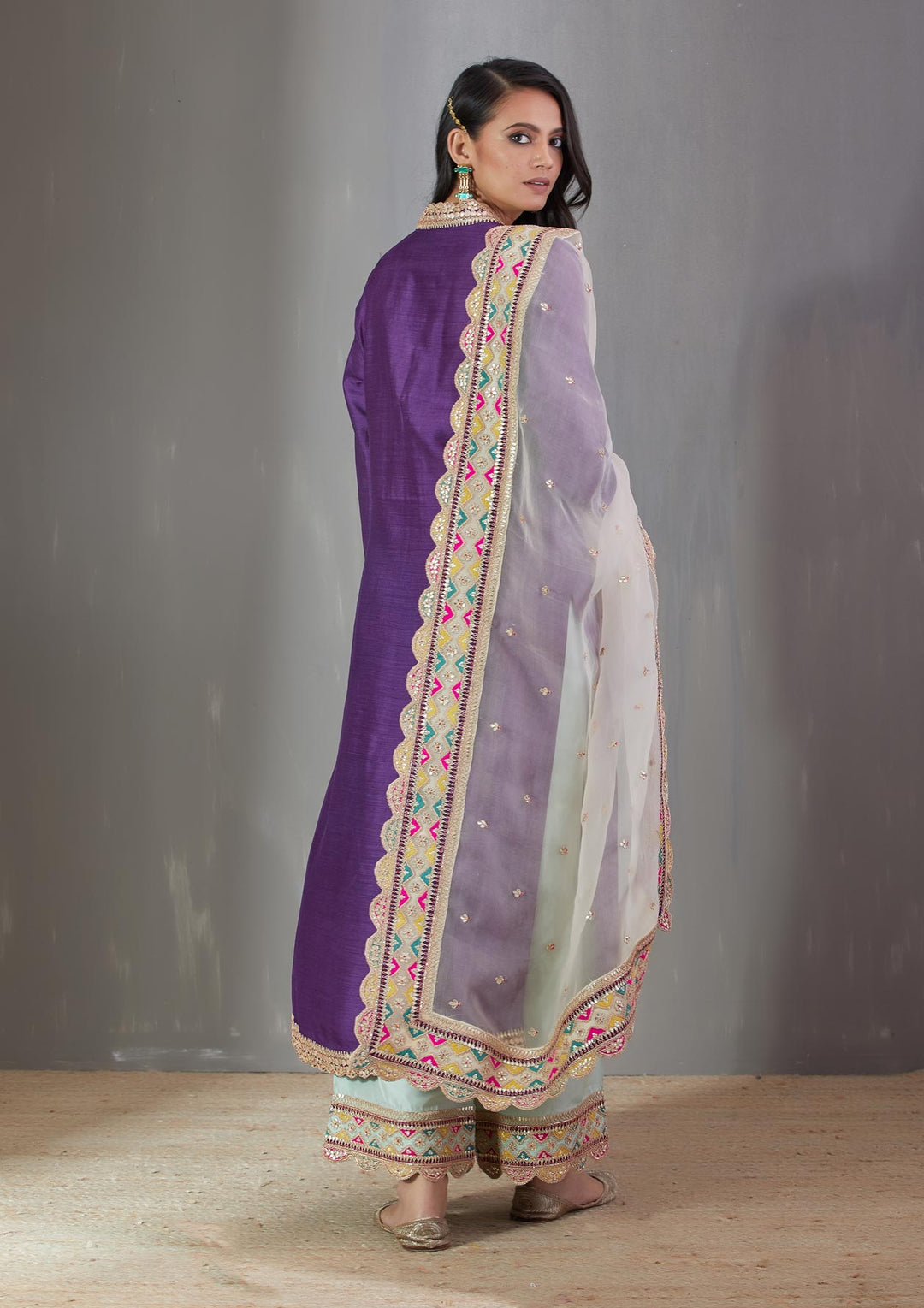 Purple Kurta Set With A Ecru Organza Dupatta