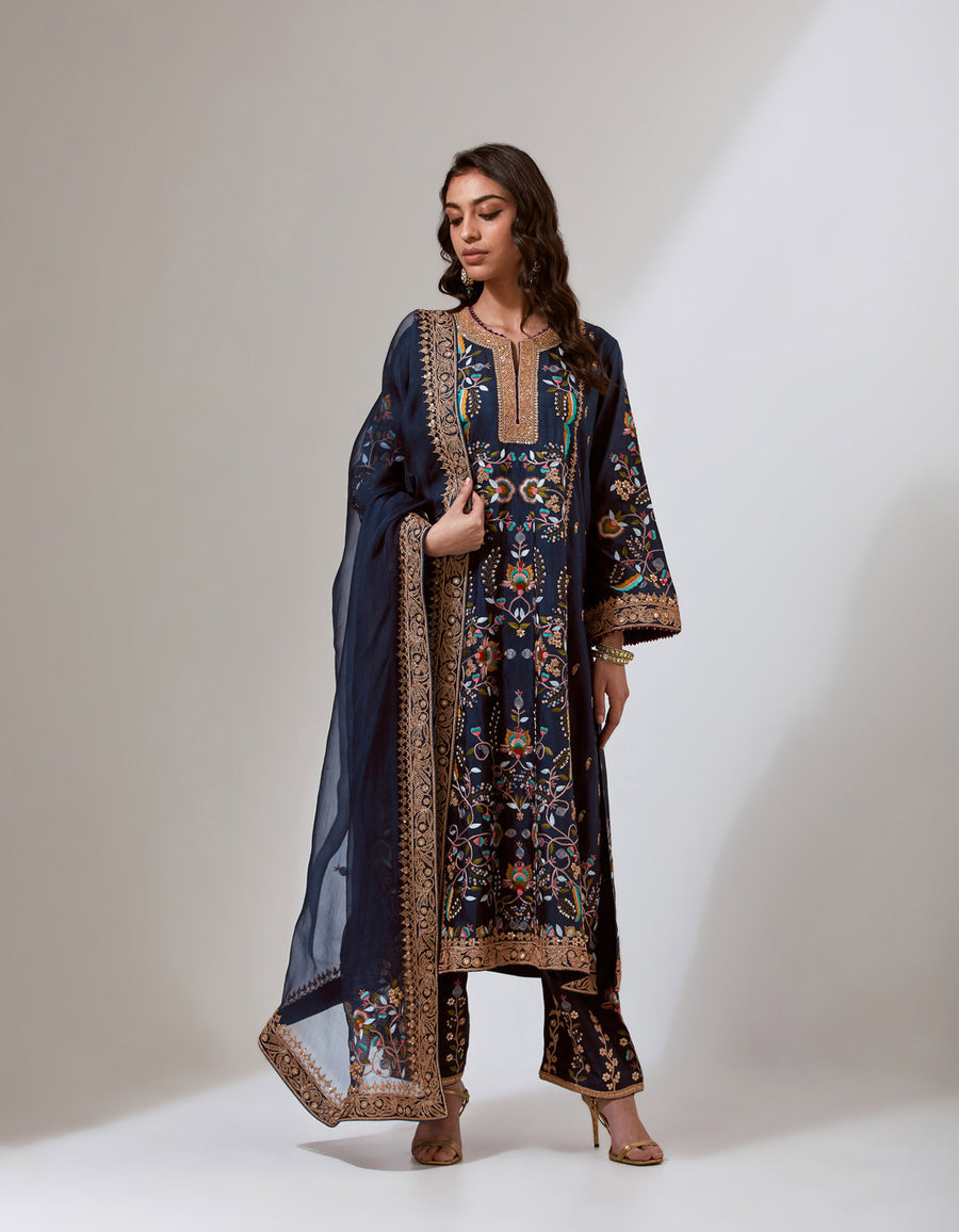 Navy Silk Chintz Kurta Set