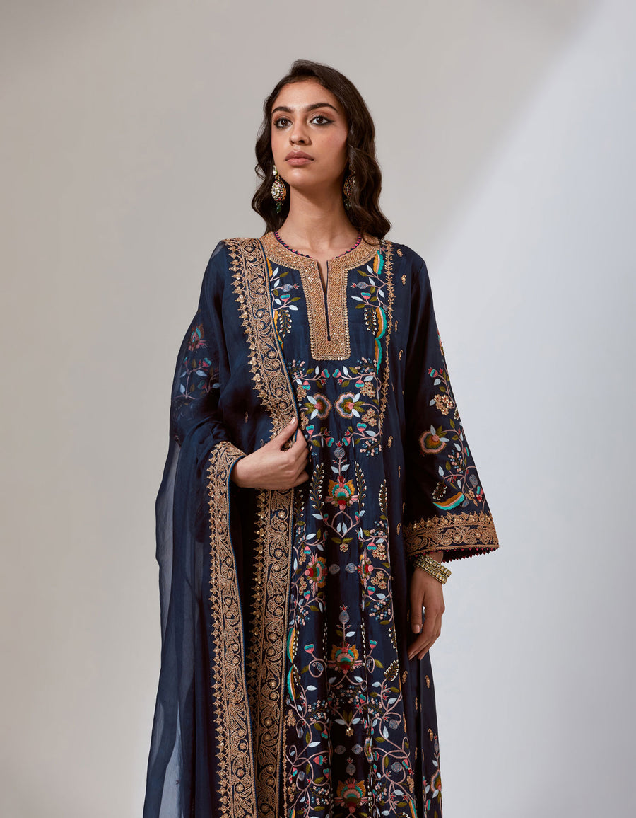 Navy Silk Chintz Kurta Set