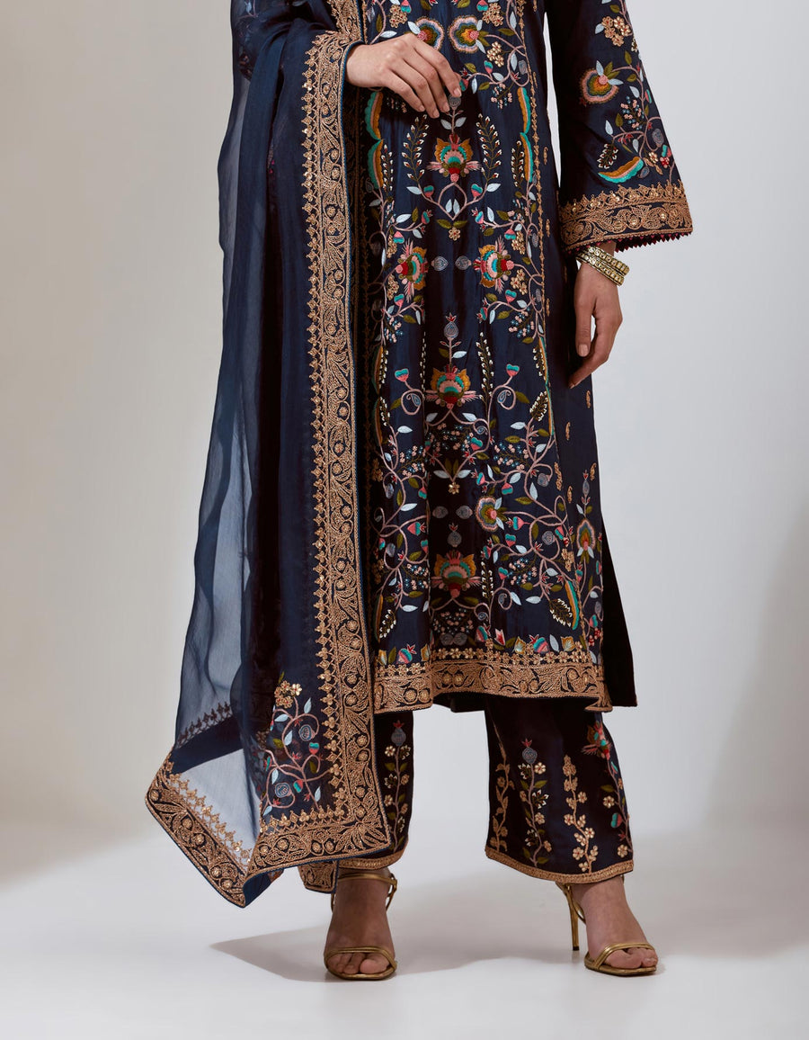 Navy Silk Chintz Kurta Set