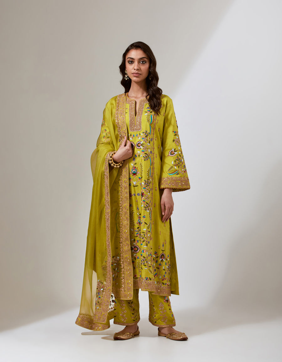 Lime Green Silk Chintz Kurta Set