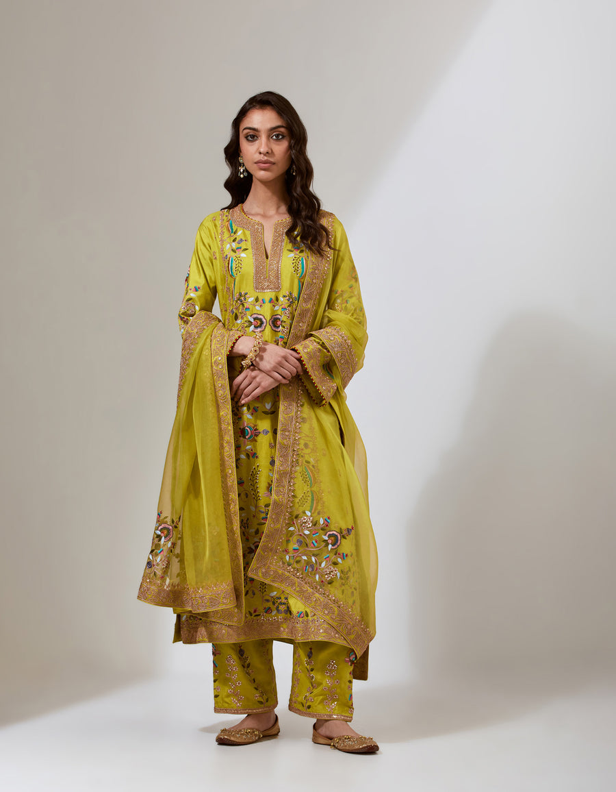 Lime Green Silk Chintz Kurta Set