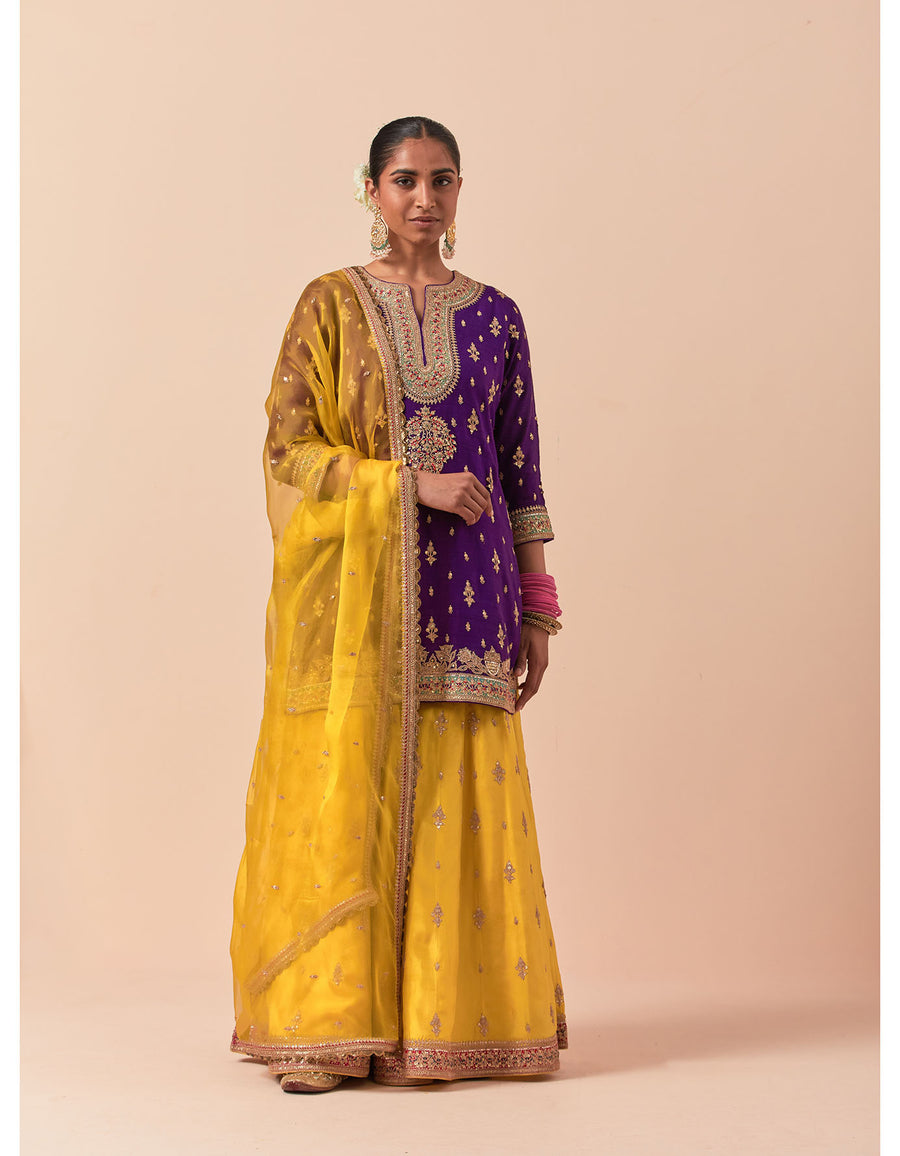 Purple Short Kurta With A Yellow Sharara Set