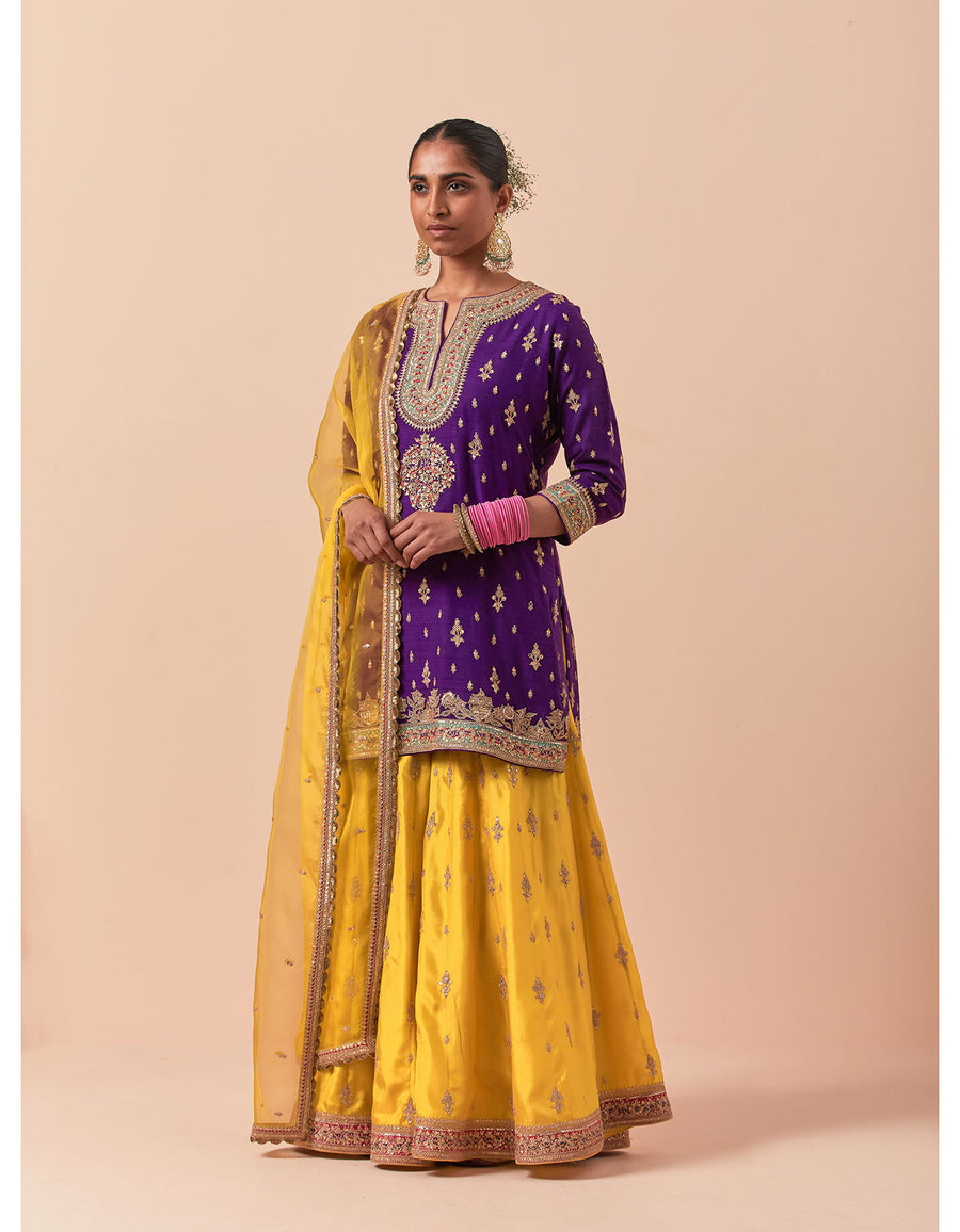 Purple Short Kurta With A Yellow Sharara Set