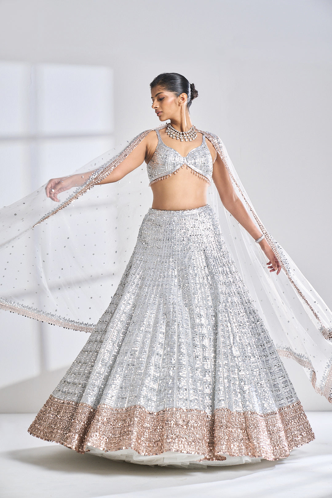 Silver Grey Soft Net Lehenga Choli with Thread, Zarkan &