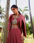 Red Geo Print Box Pletaed Pants With Arya Bustier With Red Geo Print Embeliieshed Noor Jacket