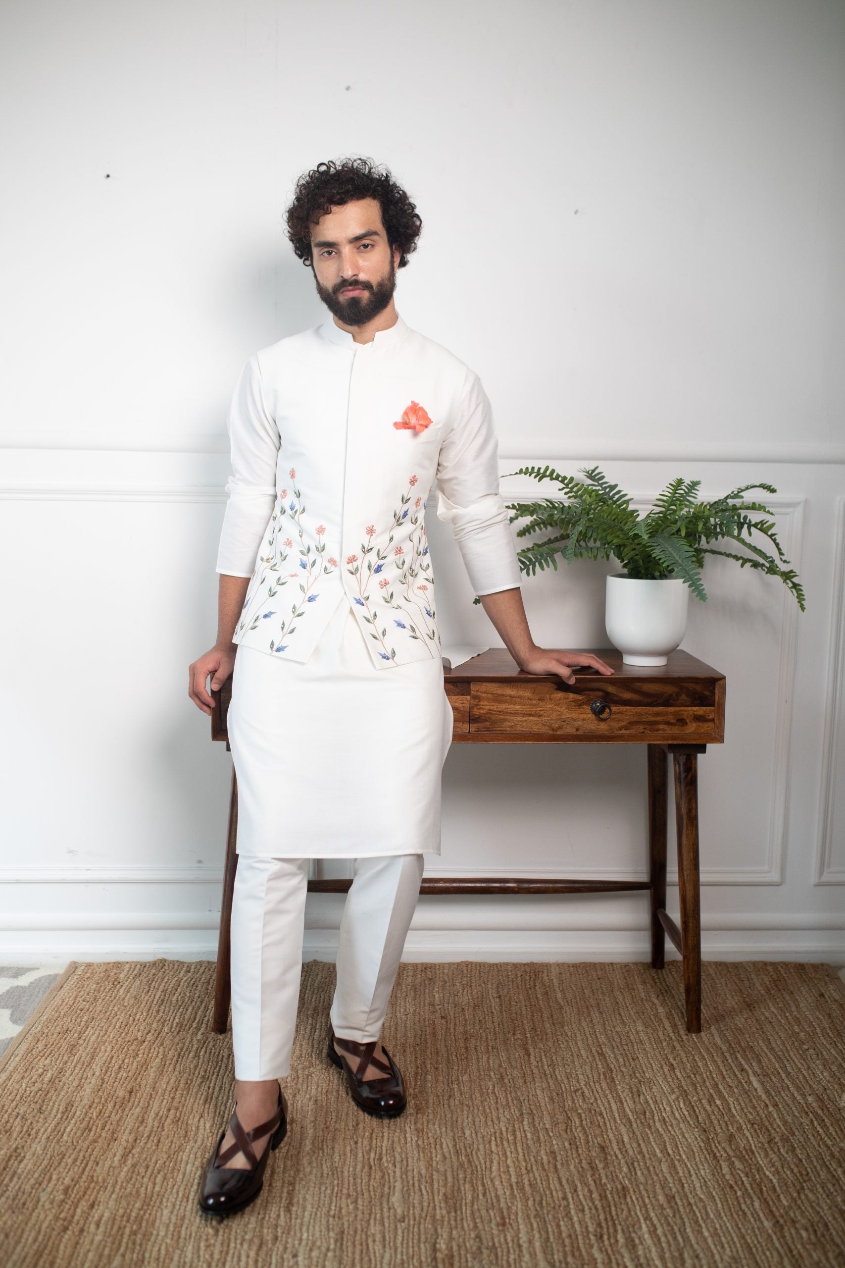 White floral nehru jacket sales